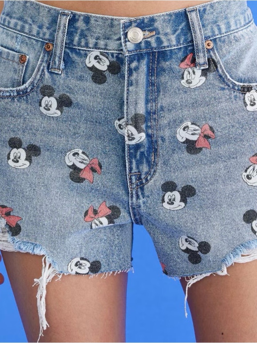 Size 16 High-Rise Blue Denim Mickey & Minnie Print Shorts Aeropostale.